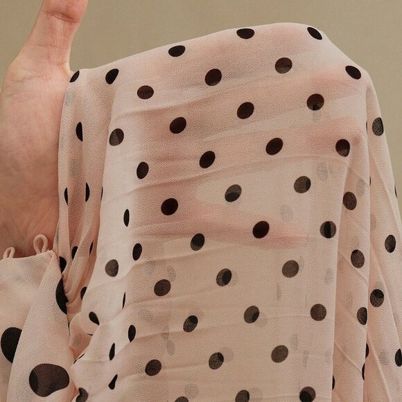 Baby Pink Elegant Women's & Polka Dot Pleated Tie Front Long Sleeve Blouse - Picture 7 of 7
